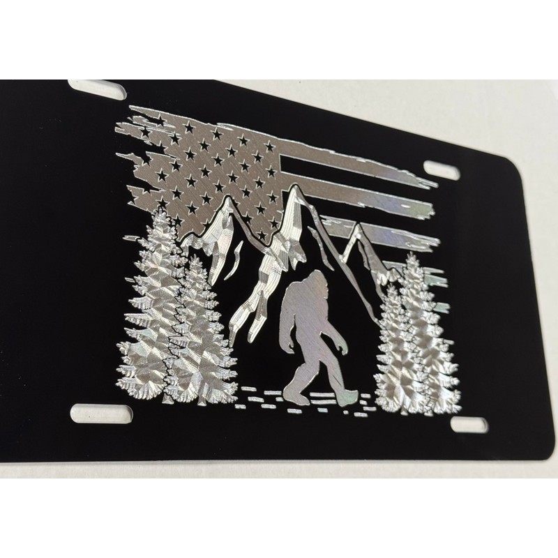 Engraved Big Foot Sasquatch US Flag Car Tag Diamond Etched