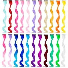 22 Pieces Rainbow Coloured Hair Extensions Clip In for Girls 22 Inch Colourful Curly Wavy Hair Extensions for Party Highlights Hair Accessories Hairpieces for Children Women