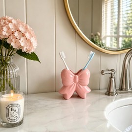 Pink Bow Ceramic Toothbrush Holder, Coquette Bow Vase Multi-Purpose Storage Holder for Toothpaste, Makeup Brushes, Pen, Elegant Pink Home Decor for Bathroom, Bedroom & Office