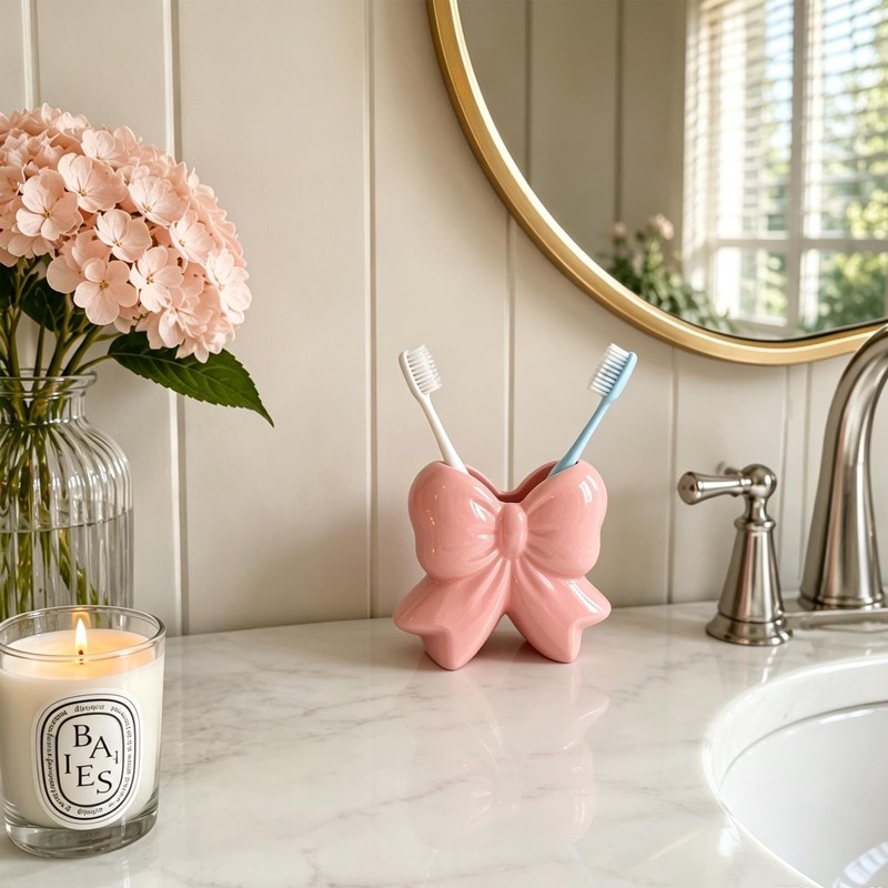 Pink Bow Ceramic Toothbrush Holder, Coquette Bow Vase Multi-Purpose Storage
