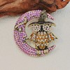 Vintage-Style Halloween Owl and Moon Brooch, Crystal Rhinestone Pin, Purple