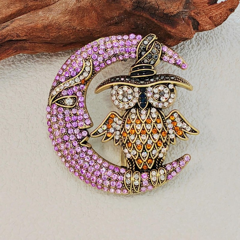 Vintage-Style Halloween Owl and Moon Brooch, Crystal Rhinestone Pin, Purple