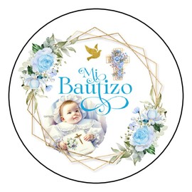 12 Pcs Mi Bautizo Stickers Favor Labels Tags Envelope Seals Stamps 1.5" Round Sticker for Packages Small Business Cards Letters Gifts Boxes, Religious, Baptism, Spanish, Blue, Boy, Floral, Flowers