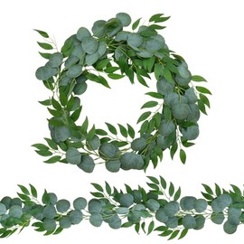 Paquete de 2 guirnaldas artificiales de eucalipto de 2 m cada una, hojas artificiales verdes para decoración de manto, mesa, decoraciones de boda, guirnaldas DIY