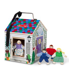 Melissa & Doug Take-Along Wooden Doorbell Dollhouse, Doorbell Sounds, Keys, 4 Poseable Wooden Dolls, 9' H X 6.8' W X 6.8' L