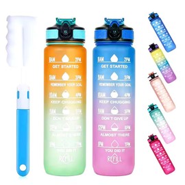 1 Litre Motivational Fitness Sport Water Bottle with Straw & Time Marker, Guaranteed Leak-Proof Design, BPA-Free Plastic Drink Bottle, Designed for Gym, Running, Cycling - Orange/Green