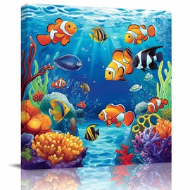 Summer Ocean Canvas Wall Art for Living Room Bedroom Clownfish Coral Seagrass Paintings Underwater World Framed Prints Pictures Wall Decor for Home Decorations, Ready to Hang, 12''x12''