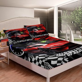 Feelyou Kids Boys Girls Red Race Car Bed Sheet Set Twin Size, Sports Car Bedding Set Bed Sheet Set for Teens Race Car Fitted Sheet Racing car Buffalo Plaid Bed Cover Bed Set (No Flat Sheet)