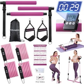 ALongSong - Kit de barra de pilates con bandas de resistencia, equipo portátil de entrenamiento en casa con temporizador para ejercicio de cuerpo comp