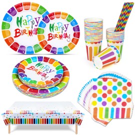 126 Pcs Rainbow Birthday Disposable Cutlery Set, Party Plates Cups and Napkins, Straws, Birthday Party Decorations, Rainbow Afternoon Tea Decorations (Set of 25)