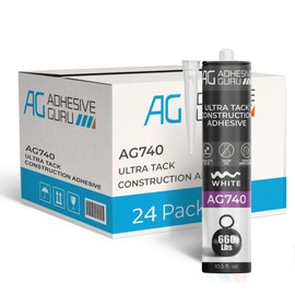 Adhesive Guru AG740 Ultra Tack Hybrid Construction Adhesive (24x10.5 fl oz), Heavy Duty Indoor Outdoor Caulk Sealant, White - 24 Pack