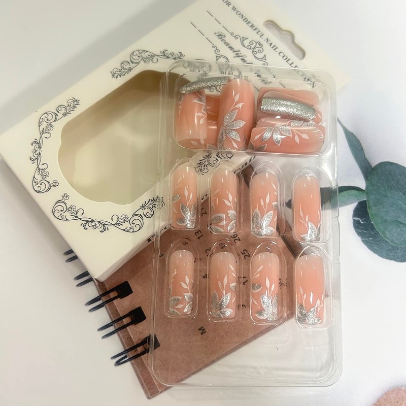 Medium Pink Square Acrylic False Nails, Fake Nails With Silver