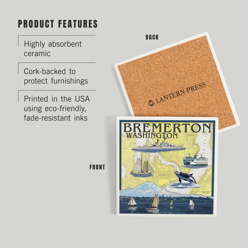 Bremerton, Washington, Nautical Map (Absorbent Ceramic Coaster, Single, Cork Back,