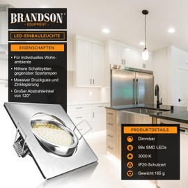 Brandson - Ultra Flat LED Ceiling Spotlight Square Warm White Swivelling - Recessed Ceiling Spotlight - Slim Aluminium Die-Cast Frame Stainless Steel Look - Beam Angle 120 Degrees