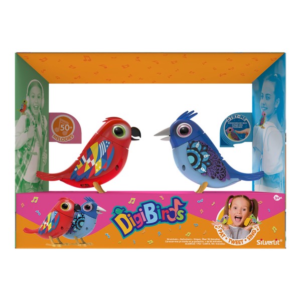 DIGIBIRDS Pack 2 Oiseaux Intéractifs Qui Sifflent et Chantent, Réagissent au Toucher et A la Voix, Couleur Aléatoire, Jouet pour Enfant, Dès 5 Ans