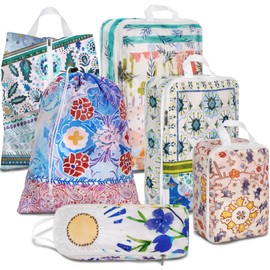 ysnifeiw 6 Pcs Compression Packing Cubes Waterproof Suitcase Travel Bag Luggage Backpack Organizer Travel Cubes for Packing-Pink and Green Bohemian