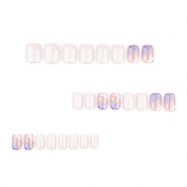 MERVF Square Press on Nails Short Fake Nail Pure White Glue ons Purple Flower Design Spring Acrylic DIY Squoval Gold Nails Supplies Art Manicure 24pcs Glossy