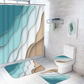 ArtSocket 4PC Shower Curtain Set with Rugs, Abstract Summer Beach Bathroom Set with Non-Slip Rug, Toilet Lid Cover, Bath Mat and 12 Hooks 72x72 inches