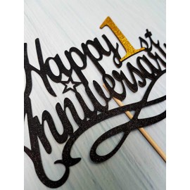 Happy 1st Anniversary Cake Topper, 1st Wedding Anniversary, Company 1st Anniversary, 1st / First Birthday Party Decoration, Double-sided Black Glitter
