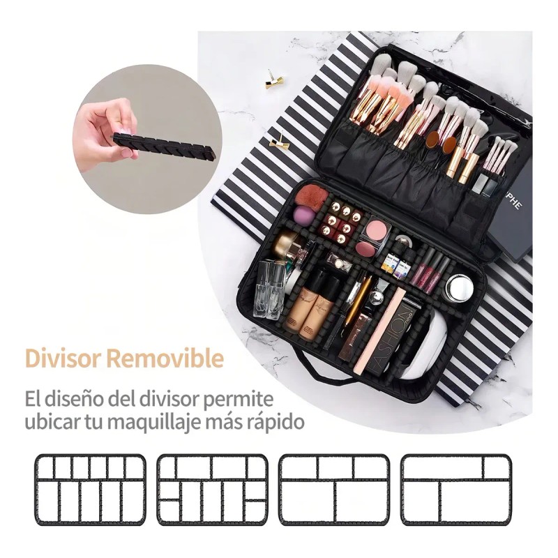 Maletín Maquillaje Cosmetiquera Con Divisor Ajustable Viaje Color Negro