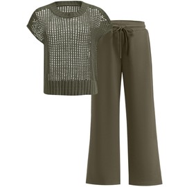ANRABESS Women Two Piece Outfits Crochet Sheer Knit Sweater Top Wide Leg Pants Lounge Matching Sets Sweatsuit Travel Clothes Army Green Medium