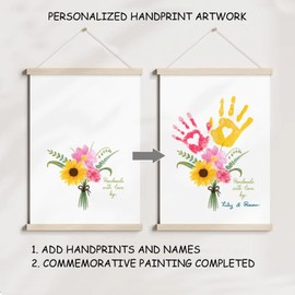 Poranlem Baby Handprint Craft Art DIY Floral Bouquet Kids Birthday Activity Children Toddler Keepsake Mother's Day Grandma Flower Painting Gift Family Holiday Celebration Wood Color (Scroll)