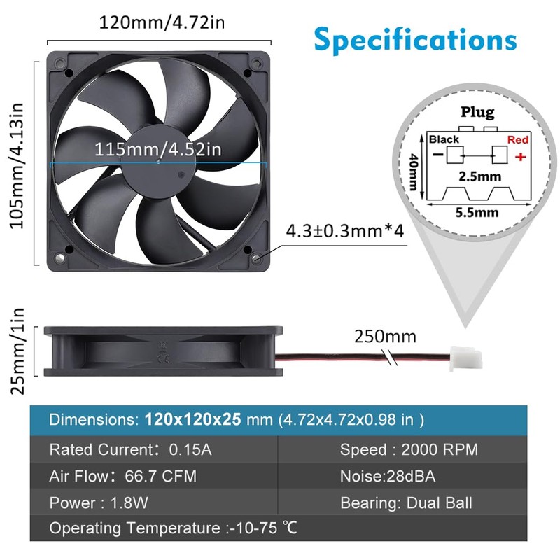 Wathai 120mm x 25mm DC 12V Waterproof Fan Dual Ball