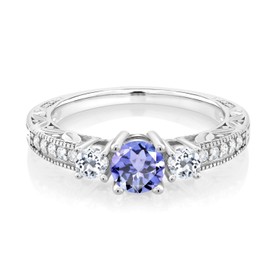 Gem Stone King 925 Sterling Silver Blue Tanzanite and White Topaz Engagement Ring For Women (0.87 Cttw, Round Gemstone Birthstone, Available in size 5, 6, 7, 8, 9)