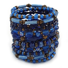 Avalaya Wide Coiled Ceramic, Acrylic, Glass Bead Bracelet (Blue, Brown) - Adjustable