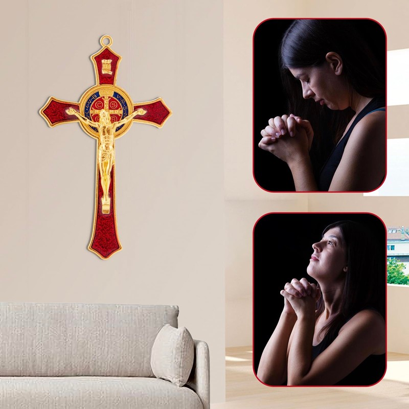 St Benedict Crucifix Red,Crucifix Wall Cross For Catholic Decor,Medalla De