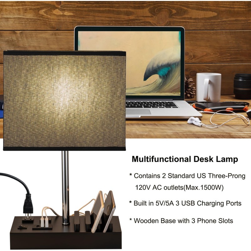Briever USB Table Lamp, Multi-Functional Desk Lamp with 2 AC