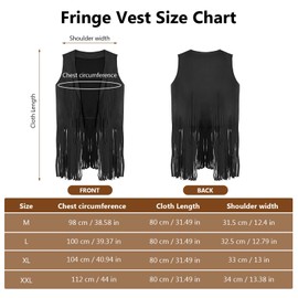 5 Set Women Hippie Costume,70s Western Cowgirl Outfit Cowboy Hat Tassels Fringe Vest Earring Bandana (Black, XX-Large)