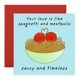 Love Card for Them - 'Spaghetti and Meatballs Love' - Gifts for Friends, Brother, Sister, Mum, Dad, Parents, Cousin, Colleagues - Valentines Day Presents for Couples - Comes with Fun Stickers