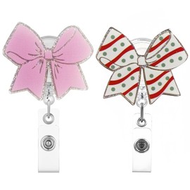 2 Pcs Pink Bow Badge Reel Set, Cute Retractable Acrylic ID Holders for Nurses, Medical Workers, Nursing Students, Teachers, and Office Staff, Stylish Name Tag Accessories in 2 Styles