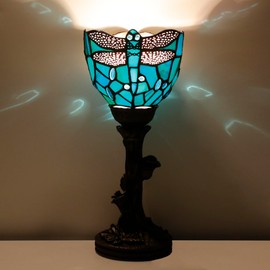 AVIVADIRECT Small Tiffany Lamp Stained Glass Table Lamp Desk Uplight 6X6X13.5 Inch for Bedroom Bedside Office (Green Dragonfly)