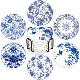 BaHomeck Absorbent Coasters for Drink Set of 6,Bule and White Coasters Cork Bases Ceramic Coasters with Holder,Suitable for Kinds of Cups,Elegant Style Coffee Table Decorative Coasters(Blue Flower)