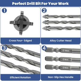 Flintronic Four-Flute Drill Bit Set, 5PCS Four Blade Serrated Eccentric Drill Bits, Masonry drill Bits with 1/4" Hex Shank, Carbide Tip Tile Brick Drills Bit set (6/6/8/10/12MM, Silver)