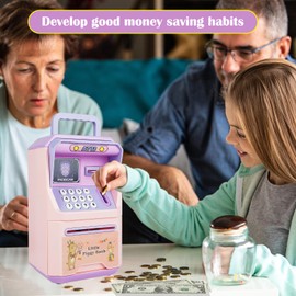 Money Box for Kids Electronic, Piggy Bank Money Safe for Kids, Password ATM Money Box Auto-Rolling Cash, Kids Cash Coin Money Saving Box, Ideal Birthday Children's Day Gift, Pink