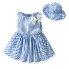 Twins Brother Sister Matching Outfits Baby Boys Suspender Shorts Set Baby Girls One-Piece Dress with Hat Summer Clothes Suit (18-24 Months, Girl-Blue Plaid)