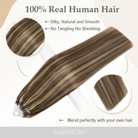 Easyouth Brown Micro Ring Extensions Highlighted Micro Ring Real Hair Extensions Natural Straight Micro Ring Extensions Colour Medium Brown Mix Honey Blonde 20 Inches 50 g