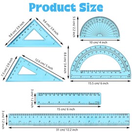 Tenare 1 Set Plastic Clear Math Set Includes Protractor Triangle Rulers 12 Inch 6 Inch Straight Geometry Math Transparent Ruler Measuring Tool for School Office Home Supplies(Blue)