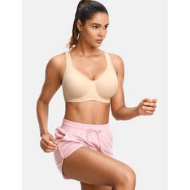 SYROKAN Women's Sports Bra High Impact Underwire Support Full Coverage Plus Size Molded Fitness Workout Bras Beige-A262 34DD