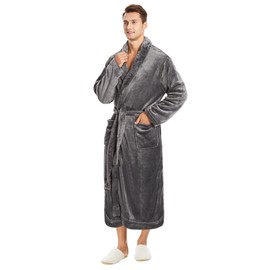 Istylish Men's Plush Shawl Collar Bathrobe, Cozy Housecoat, Robe De Chambre, Peignoir Pour Homme, Soft and Warm Long Winter Fleece Robe Grey Medium