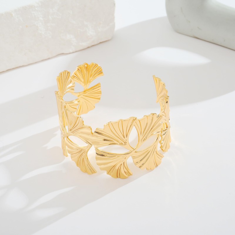 HUAYUNFANG Gold Chunky Cuff Bangle Bracelet For Women Ginkgo Leaf