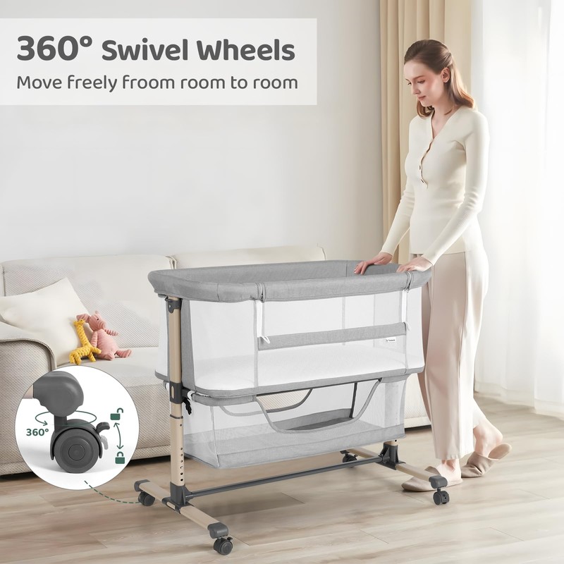 Cowiewie Bassinet Bedside Sleeper, Portable, Breathable, Adjustable Baby Bedside Bassinet