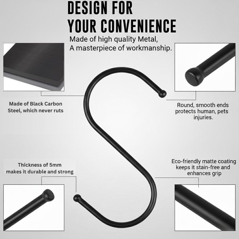 30 Pack Black S Hooks for Hanging Plants, Metal Hooks