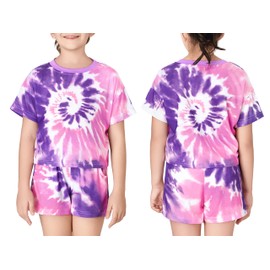 Topgal Teen Girls Tie Dye Casual Clothing Suit Pink & Purple Swirls Crop Top & Shorts Set Size 12/14