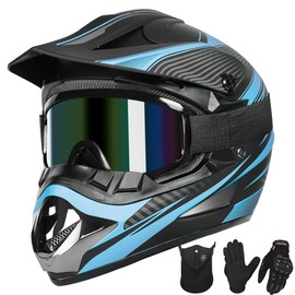 Yesmotor Youth Dirt Bike Helmet Quick Release Buckle - Dirt Bike Helmets for Kids 8-14, Youth ATV Helmet (Gloves Goggles Mask) 4Pcs Set - DOT Approved（Blue,S）