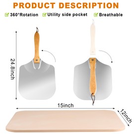 LOYIM 3 Pcs Pizza Stone Set Including 15"x 12“ large Rectangle Cordierite Stone, Wooden Peel, Aluminum Metal Peel with Foldable Wooden Handle for Baking Grill Cooking Homemade Pizza Bread BBQ