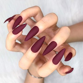 Morily 24pcs Fake Nails Matte Pure Color Medium Long Stiletto Almond Press on Nail False Tips Artificial Finger Manicure for Women (Wine Red)
